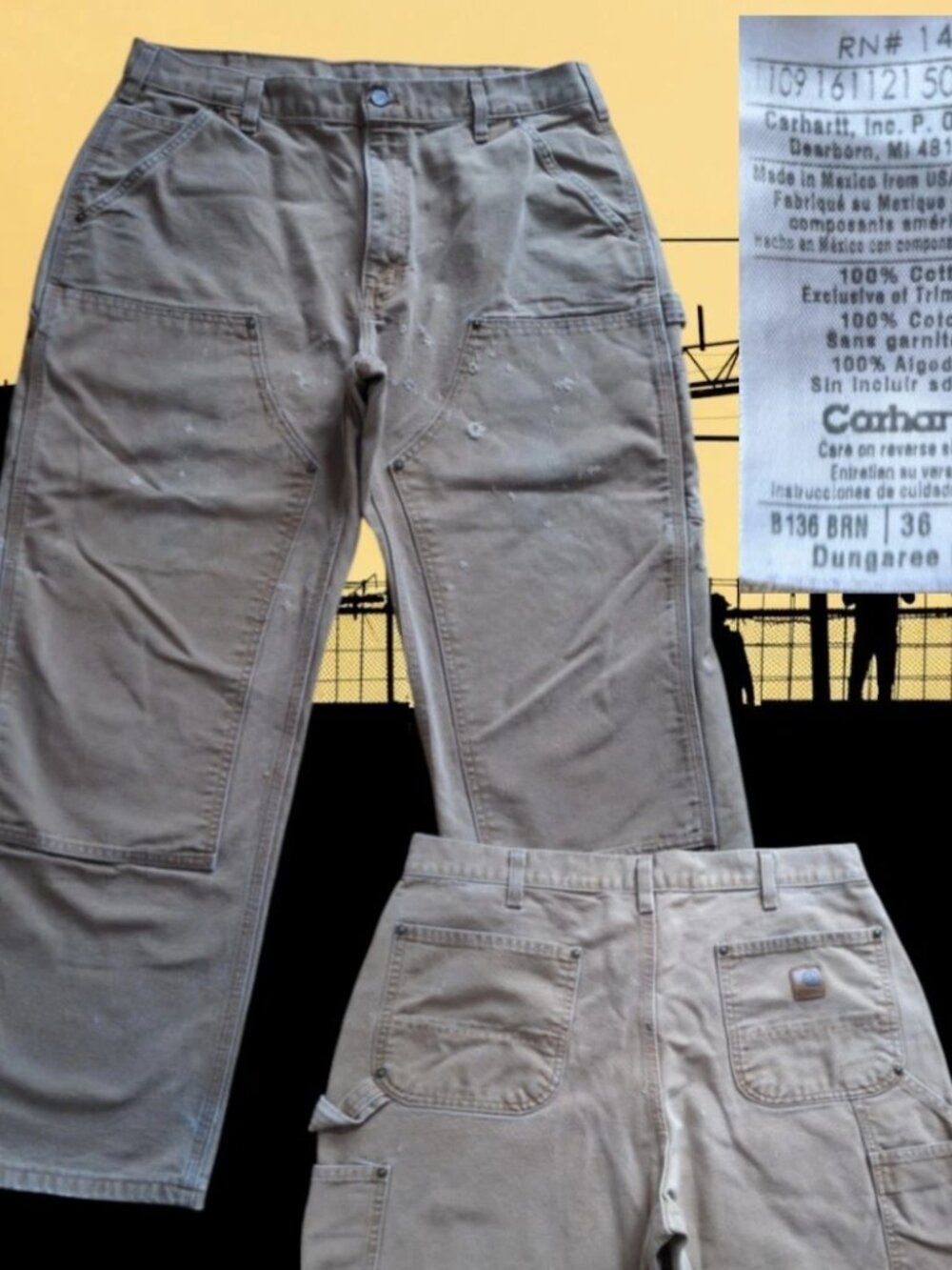 Carhartt Duck Canvas Pants B136 BRN Mens 36x30 (Fit 34x29) Double Knee Carpenter